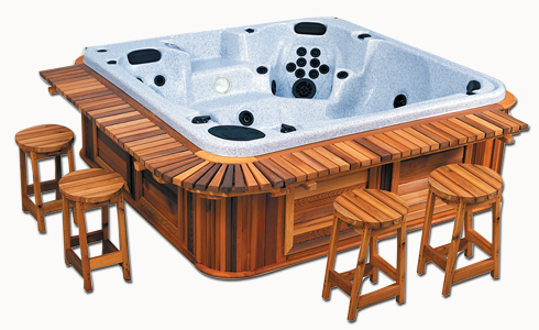 A hot tub with Cedar Wood Bar Package with Stools